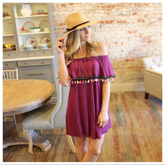 Magenta tassel off shoulder dress - Picture 2 of 4